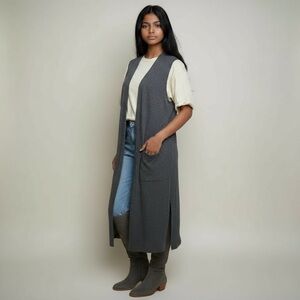 Eileen Fisher Merino Wool Open Duster Long Cardigan Vest Gray SP